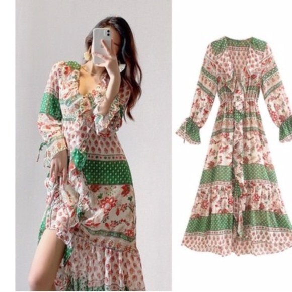 Zara Dresses & Skirts - ZARA Ruffle Frills Floral Print Dress V-neck Midi Size S Green Blogger Favorite